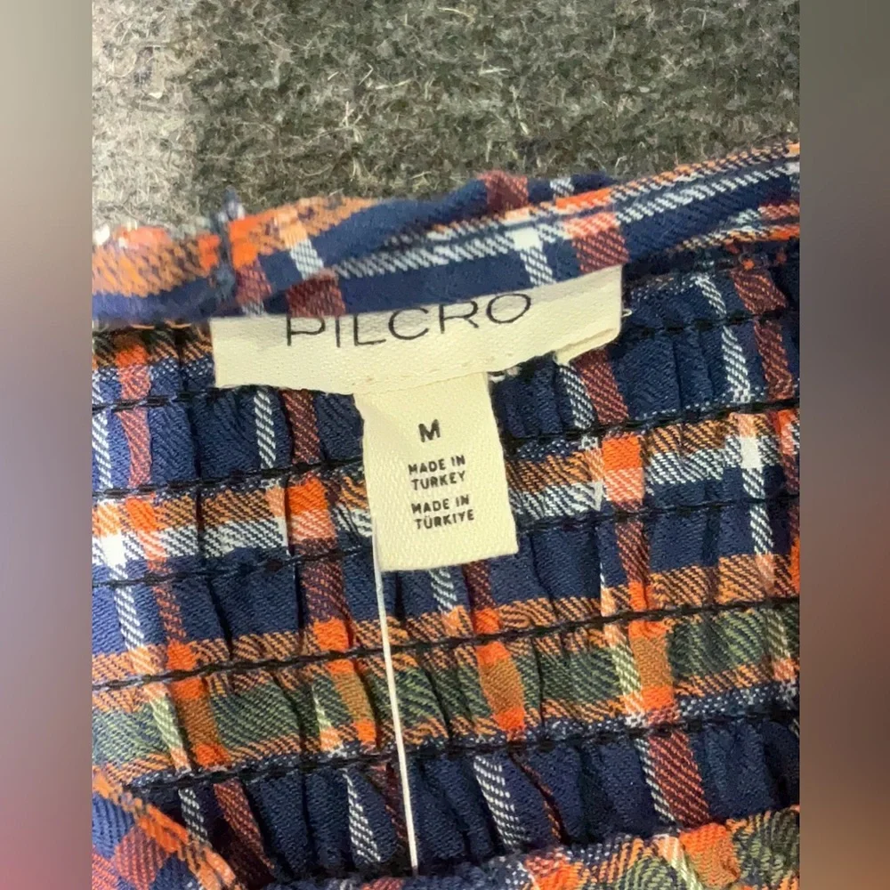 Anthropologie Pilcro Plaid Smocked Midi Dress NWT Navy Orange Cottagecore - Picture 6 of 7